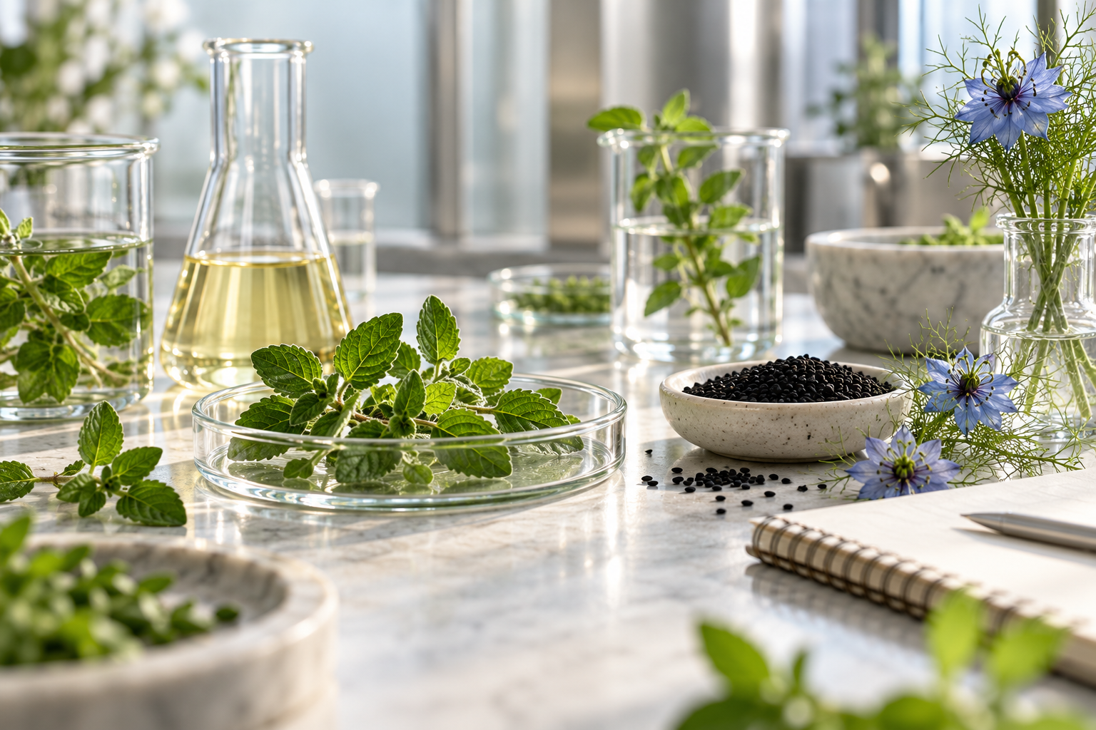 Illustrative botanical workspace with oregano and black seeds
