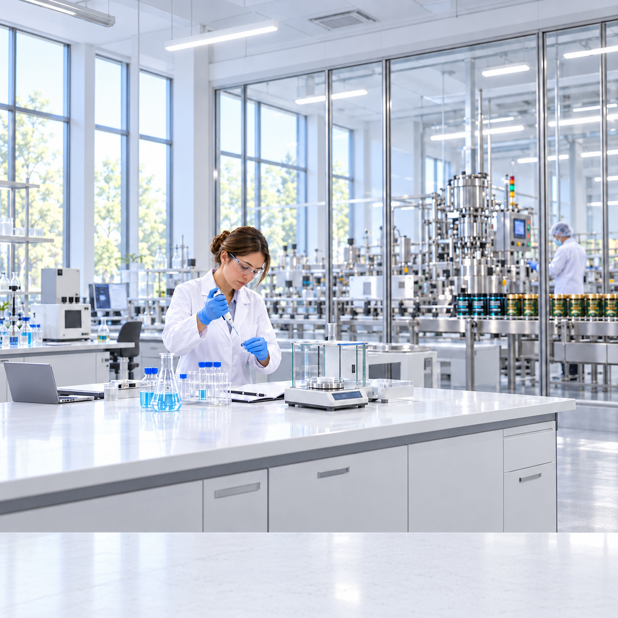 Illustrative spacious research laboratory with a scientist working in the middle distance and small batches of FITECHN products beside a production line behind glass