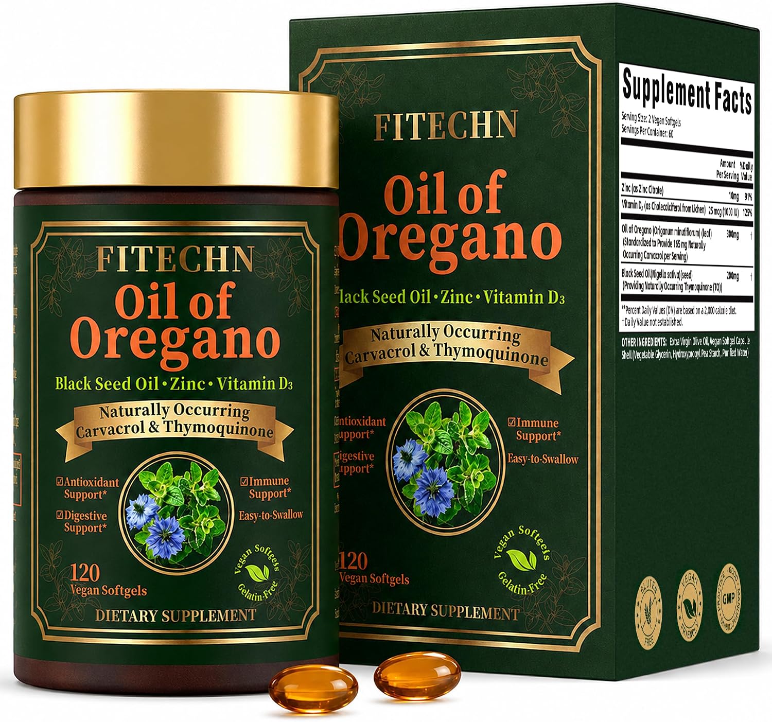 FITECHN Oil of Oregano with Black Seed Oil, 120 softgels